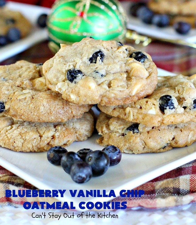 Blueberry Vanilla Chip Oatmeal Cookies | Can't Stay Out of the Kitchen | my family raved over these amazing #cookies. They're made with dried #blueberries, #oatmeal & #VanillaChips. It's one of the best #OatmealCookies you'll ever eat! Terrific for #holiday parties or a #ChristmasCookieExchange. #dessert #BlueberryVanillaChipOatmealCookies #BlueberryDessert