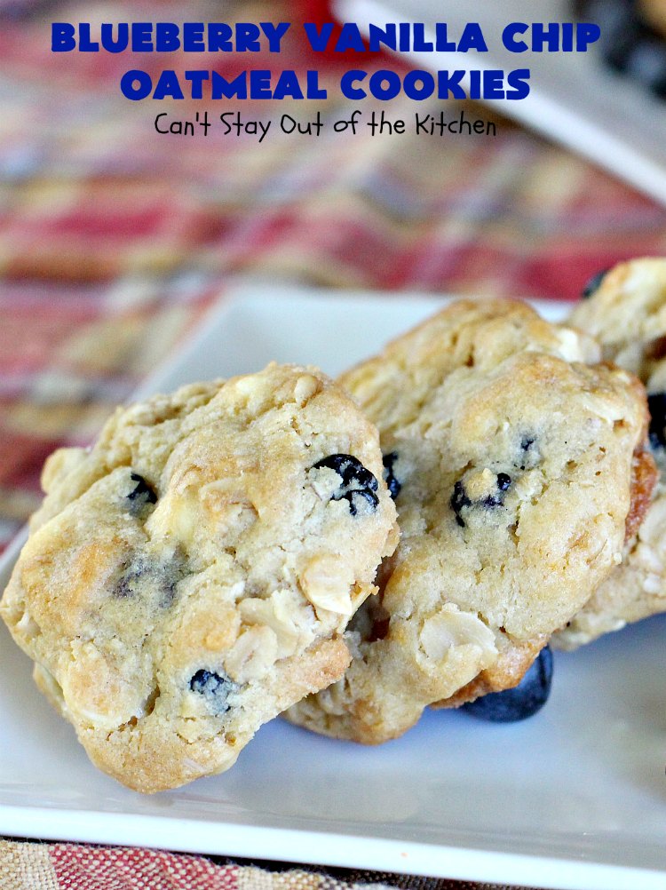 Blueberry Vanilla Chip Oatmeal Cookies | Can't Stay Out of the Kitchen | my family raved over these amazing #cookies. They're made with dried #blueberries, #oatmeal & #VanillaChips. It's one of the best #OatmealCookies you'll ever eat! Terrific for #holiday parties or a #ChristmasCookieExchange. #dessert #BlueberryVanillaChipOatmealCookies #BlueberryDessert