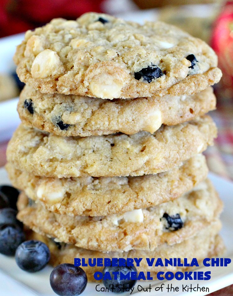 Blueberry Vanilla Chip Oatmeal Cookies | Can't Stay Out of the Kitchen | my family raved over these amazing #cookies. They're made with dried #blueberries, #oatmeal & #VanillaChips. It's one of the best #OatmealCookies you'll ever eat! Terrific for #holiday parties or a #ChristmasCookieExchange. #dessert #BlueberryVanillaChipOatmealCookies #BlueberryDessert