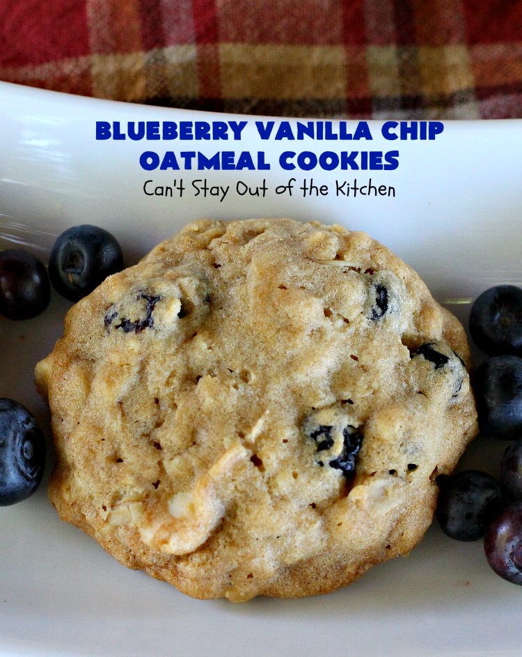 Blueberry Vanilla Chip Oatmeal Cookies | Can't Stay Out of the Kitchen | my family raved over these amazing #cookies. They're made with dried #blueberries, #oatmeal & #VanillaChips. It's one of the best #OatmealCookies you'll ever eat! Terrific for #holiday parties or a #ChristmasCookieExchange. #dessert #BlueberryVanillaChipOatmealCookies #BlueberryDessert