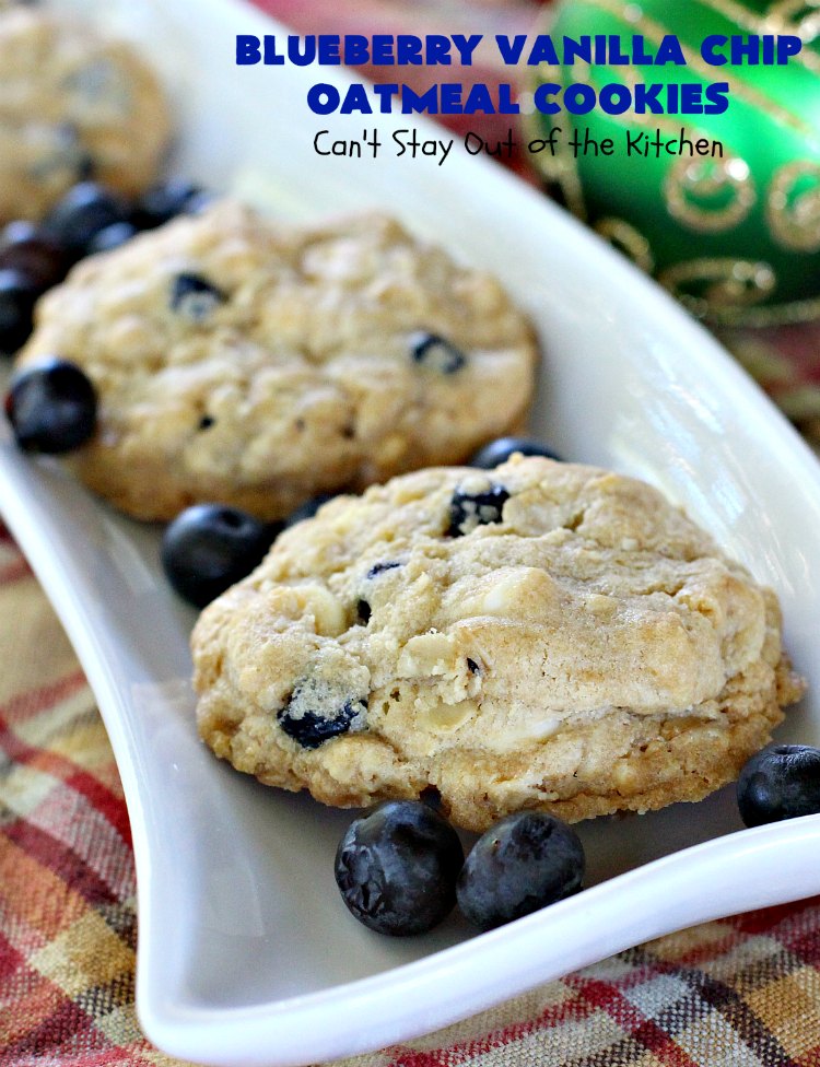 Blueberry Vanilla Chip Oatmeal Cookies | Can't Stay Out of the Kitchen | my family raved over these amazing #cookies. They're made with dried #blueberries, #oatmeal & #VanillaChips. It's one of the best #OatmealCookies you'll ever eat! Terrific for #holiday parties or a #ChristmasCookieExchange. #dessert #BlueberryVanillaChipOatmealCookies #BlueberryDessert