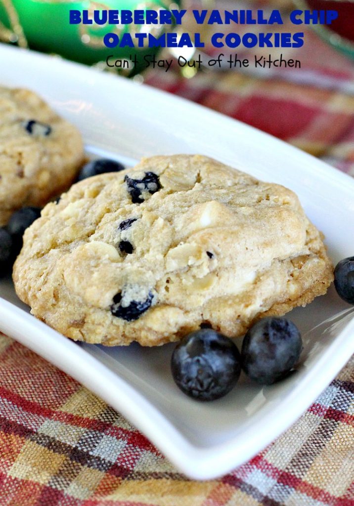 Blueberry Vanilla Chip Oatmeal Cookies | Can't Stay Out of the Kitchen | my family raved over these amazing #cookies. They're made with dried #blueberries, #oatmeal & #VanillaChips. It's one of the best #OatmealCookies you'll ever eat! Terrific for #holiday parties or a #ChristmasCookieExchange. #dessert #BlueberryVanillaChipOatmealCookies #BlueberryDessert