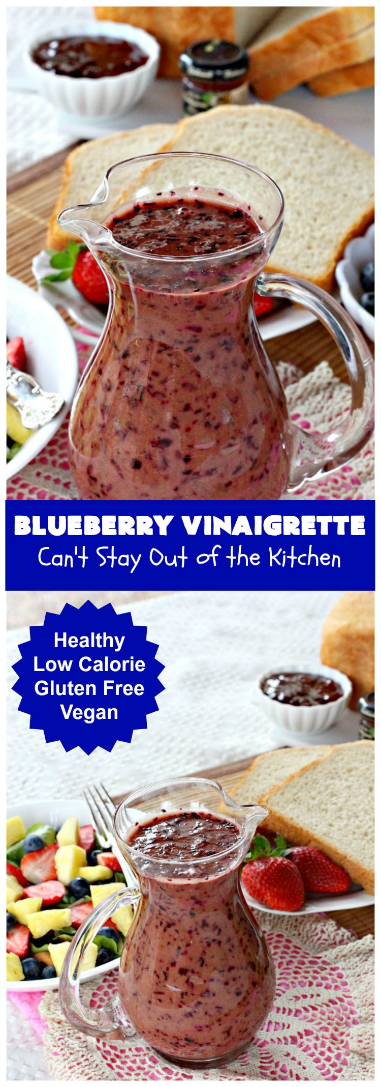 Blueberry Vinaigrette | Can't Stay Out of the Kitchen | this delightful tasting #BlueberryVinaigrette is perfect over a #TossedSalad with #fruit. It's #healthy, #LowCalorie, #Vegan & #GlutenFree. #SaladDressing