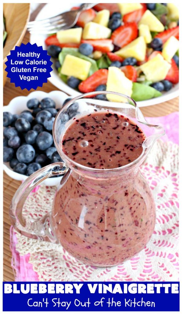 Blueberry Vinaigrette | Can't Stay Out of the Kitchen | this delightful tasting #BlueberryVinaigrette is perfect over a #TossedSalad with #fruit. It's #healthy, #LowCalorie, #Vegan & #GlutenFree. #SaladDressing