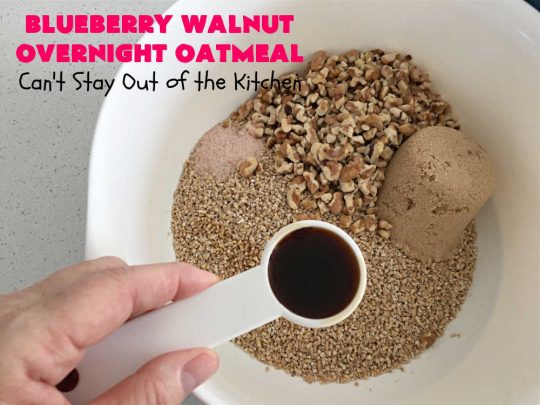 Blueberry Walnut Overnight Oatmeal | Can't Stay Out of the Kitchen | this lovely homemade #oatmeal #recipe is terrific for a #holiday or weekend #breakfast. Plus it makes 12 servings so it's great to reheat for breakfast on the go. If you have a programmable #crockpot it doesn't get any easier than this. #blueberries #walnuts #vegan #OvernightOatmeal #GlutenFree #SlowCooker #BlueberryWalnutOvernightOatmeal