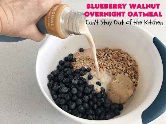 Blueberry Walnut Overnight Oatmeal | Can't Stay Out of the Kitchen | this lovely homemade #oatmeal #recipe is terrific for a #holiday or weekend #breakfast. Plus it makes 12 servings so it's great to reheat for breakfast on the go. If you have a programmable #crockpot it doesn't get any easier than this. #blueberries #walnuts #vegan #OvernightOatmeal #GlutenFree #SlowCooker #BlueberryWalnutOvernightOatmeal