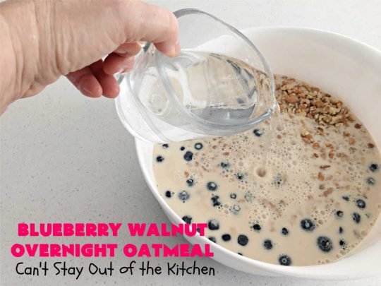 Blueberry Walnut Overnight Oatmeal | Can't Stay Out of the Kitchen | this lovely homemade #oatmeal #recipe is terrific for a #holiday or weekend #breakfast. Plus it makes 12 servings so it's great to reheat for breakfast on the go. If you have a programmable #crockpot it doesn't get any easier than this. #blueberries #walnuts #vegan #OvernightOatmeal #GlutenFree #SlowCooker #BlueberryWalnutOvernightOatmeal