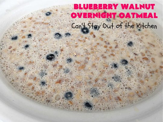 Blueberry Walnut Overnight Oatmeal | Can't Stay Out of the Kitchen | this lovely homemade #oatmeal #recipe is terrific for a #holiday or weekend #breakfast. Plus it makes 12 servings so it's great to reheat for breakfast on the go. If you have a programmable #crockpot it doesn't get any easier than this. #blueberries #walnuts #vegan #OvernightOatmeal #GlutenFree #SlowCooker #BlueberryWalnutOvernightOatmeal