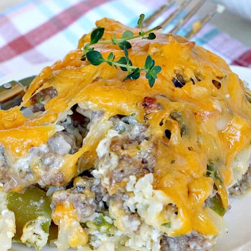 Breakfast Bake | Can't Stay Out of the Kitchen | One of the best #breakfast #casseroles you'll ever eat. #sausage #hashbrowns #Bisquick