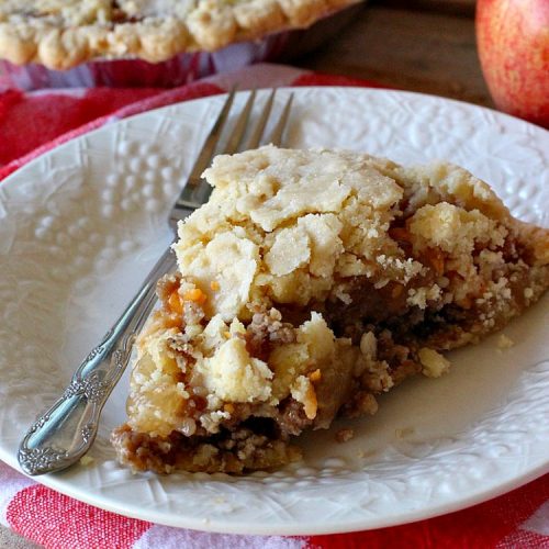 Breakfast Sausage Apple Pie | Can't Stay Out of the Kitchen | This is my favorite #breakfast #pie. It's filled with #sausage, #ApplePieFilling, #CheddarCheese & a delicious streusel topping. It's hearty, filling & satisfying comfort food that's terrific for a #holiday breakfast like #MemorialDay or #FathersDay. #BreakfastPie #SausageApplePie #BreakfastSausageApplePie FathersDayBreakfast #HolidayBreakfast