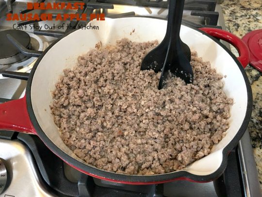 Breakfast Sausage Apple Pie | Can't Stay Out of the Kitchen | This is my favorite #breakfast #pie. It's filled with #sausage, #ApplePieFilling, #CheddarCheese & a delicious streusel topping. It's hearty, filling & satisfying comfort food that's terrific for a #holiday breakfast like #MemorialDay or #FathersDay. #BreakfastPie #SausageApplePie #BreakfastSausageApplePie FathersDayBreakfast #HolidayBreakfast