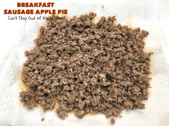Breakfast Sausage Apple Pie | Can't Stay Out of the Kitchen | This is my favorite #breakfast #pie. It's filled with #sausage, #ApplePieFilling, #CheddarCheese & a delicious streusel topping. It's hearty, filling & satisfying comfort food that's terrific for a #holiday breakfast like #MemorialDay or #FathersDay. #BreakfastPie #SausageApplePie #BreakfastSausageApplePie FathersDayBreakfast #HolidayBreakfast