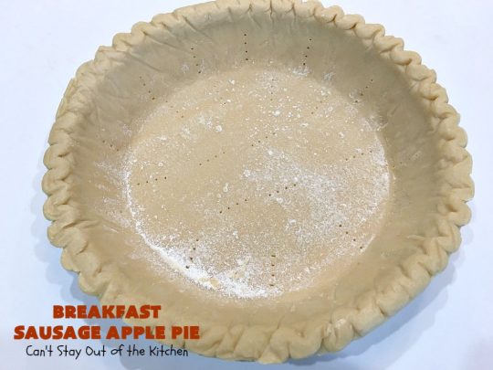 Breakfast Sausage Apple Pie | Can't Stay Out of the Kitchen | This is my favorite #breakfast #pie. It's filled with #sausage, #ApplePieFilling, #CheddarCheese & a delicious streusel topping. It's hearty, filling & satisfying comfort food that's terrific for a #holiday breakfast like #MemorialDay or #FathersDay. #BreakfastPie #SausageApplePie #BreakfastSausageApplePie FathersDayBreakfast #HolidayBreakfast