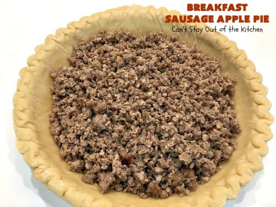 Breakfast Sausage Apple Pie | Can't Stay Out of the Kitchen | This is my favorite #breakfast #pie. It's filled with #sausage, #ApplePieFilling, #CheddarCheese & a delicious streusel topping. It's hearty, filling & satisfying comfort food that's terrific for a #holiday breakfast like #MemorialDay or #FathersDay. #BreakfastPie #SausageApplePie #BreakfastSausageApplePie FathersDayBreakfast #HolidayBreakfast