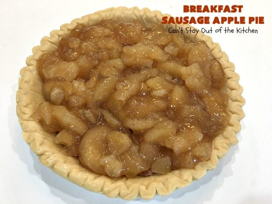 Breakfast Sausage Apple Pie | Can't Stay Out of the Kitchen | This is my favorite #breakfast #pie. It's filled with #sausage, #ApplePieFilling, #CheddarCheese & a delicious streusel topping. It's hearty, filling & satisfying comfort food that's terrific for a #holiday breakfast like #MemorialDay or #FathersDay. #BreakfastPie #SausageApplePie #BreakfastSausageApplePie FathersDayBreakfast #HolidayBreakfast