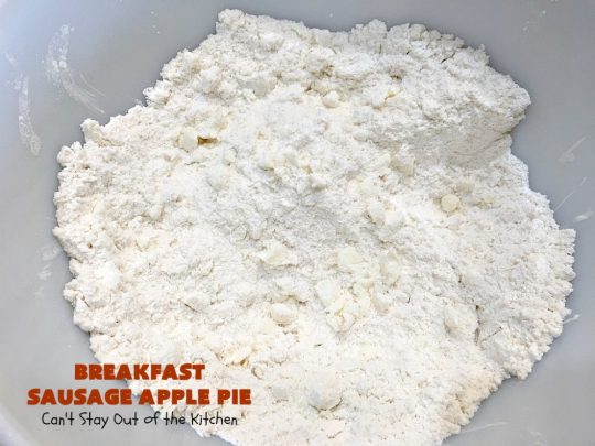 Breakfast Sausage Apple Pie | Can't Stay Out of the Kitchen | This is my favorite #breakfast #pie. It's filled with #sausage, #ApplePieFilling, #CheddarCheese & a delicious streusel topping. It's hearty, filling & satisfying comfort food that's terrific for a #holiday breakfast like #MemorialDay or #FathersDay. #BreakfastPie #SausageApplePie #BreakfastSausageApplePie FathersDayBreakfast #HolidayBreakfast
