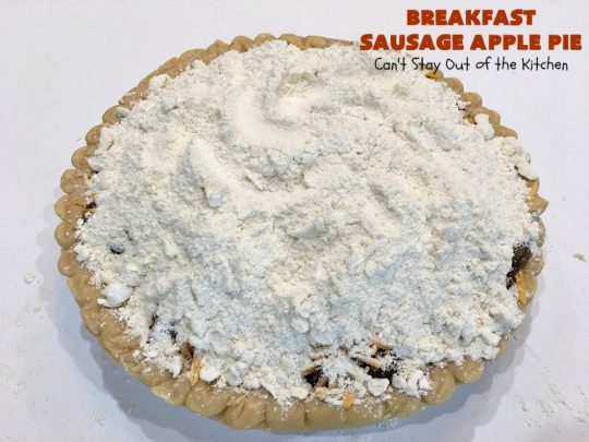 Breakfast Sausage Apple Pie | Can't Stay Out of the Kitchen | This is my favorite #breakfast #pie. It's filled with #sausage, #ApplePieFilling, #CheddarCheese & a delicious streusel topping. It's hearty, filling & satisfying comfort food that's terrific for a #holiday breakfast like #MemorialDay or #FathersDay. #BreakfastPie #SausageApplePie #BreakfastSausageApplePie FathersDayBreakfast #HolidayBreakfast