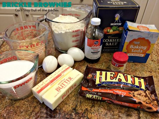 Brickle Brownies | Can't Stay Out of the Kitchen | these outrageous #brownies are filled with #HeathEnglishToffeeBits. They're filled with luscious #chocolate & #toffee flavors to die for! Great for #tailgating parties, potlucks or #holiday entertaining. #brownies #dessert #cookies #ToffeeDessert #BrickleBrownies