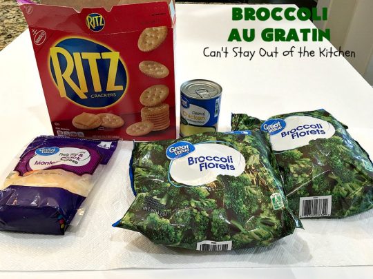 Broccoli Au Gratin | Can't Stay Out of the Kitchen | fantastic 4-ingredient #SideDish that's perfect for #holidays or company. Easy & delicious. #broccoli #CheddarCheese #RitzCrackers #BroccoliAuGratin