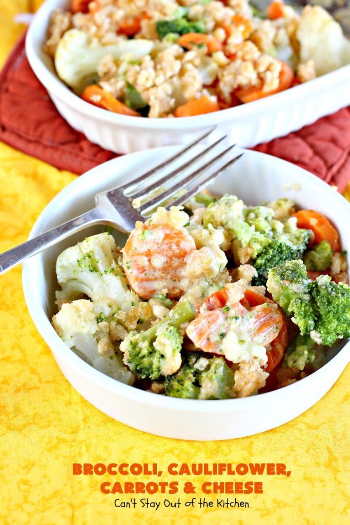 Broccoli, Cauliflower, Carrots and Cheese | Can't Stay Out of the Kitchen | this delicious #side dish is super quick & easy to make. It's the perfect #casserole for #FathersDay & other #holiday dinners. #broccoli #cauliflower #carrots