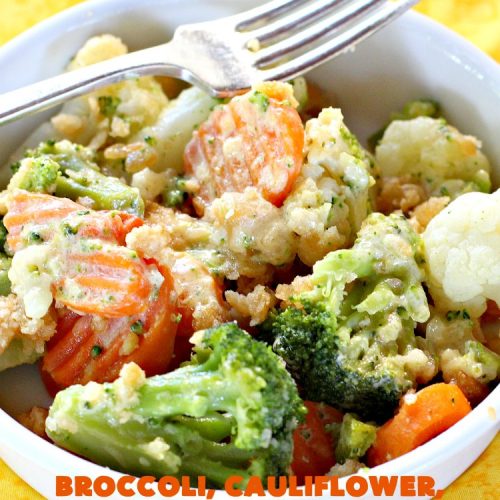 Broccoli, Cauliflower, Carrots and Cheese | Can't Stay Out of the Kitchen | this delicious #side dish is super quick & easy to make. It's the perfect #casserole for #FathersDay & other #holiday dinners. #broccoli #cauliflower #carrots
