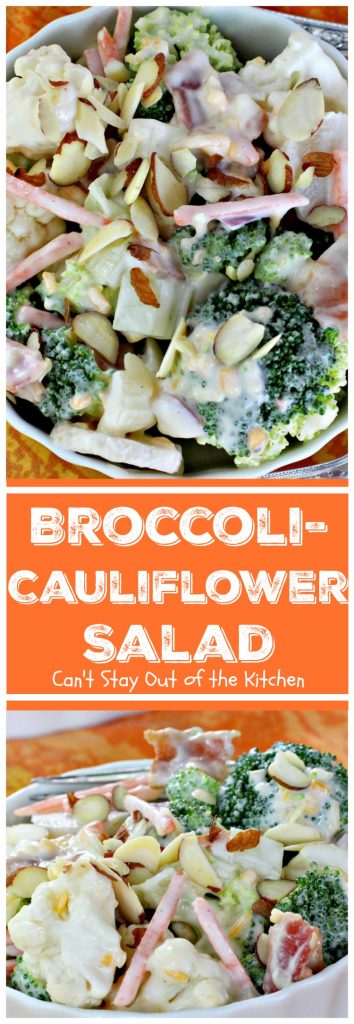 Broccoli-Cauliflower Salad | Can't Stay Out of the Kitchen | We loved this fabulous summer #salad. It's perfect for #MemorialDay or other summer #holidays. #broccoli #cauliflower #glutenfree