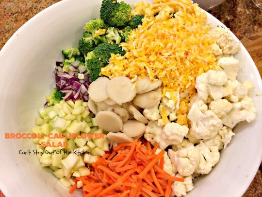 Broccoli-Cauliflower Salad | Can't Stay Out of the Kitchen | We loved this fabulous summer #salad. It's perfect for #MemorialDay or other summer #holidays. #broccoli #cauliflower #glutenfree