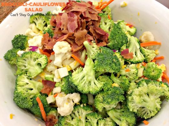 Broccoli-Cauliflower Salad | Can't Stay Out of the Kitchen | We loved this fabulous summer #salad. It's perfect for #MemorialDay or other summer #holidays. #broccoli #cauliflower #glutenfree
