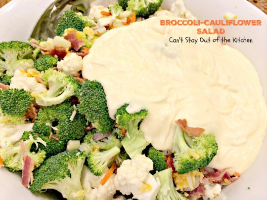 Broccoli-Cauliflower Salad | Can't Stay Out of the Kitchen | We loved this fabulous summer #salad. It's perfect for #MemorialDay or other summer #holidays. #broccoli #cauliflower #glutenfree