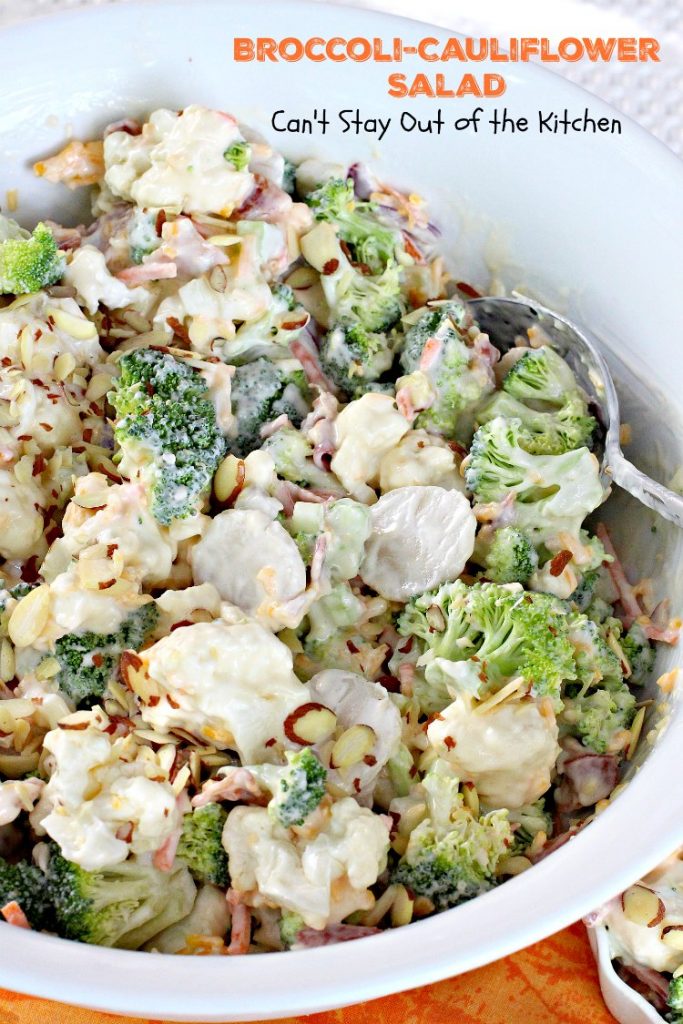 Broccoli-Cauliflower Salad | Can't Stay Out of the Kitchen | We loved this fabulous summer #salad. It's perfect for #MemorialDay or other summer #holidays. #broccoli #cauliflower #glutenfree