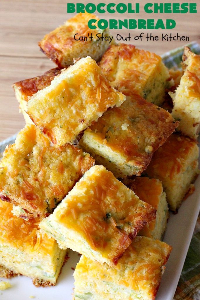 Broccoli Cheese Cornbread | Can't Stay Out of the Kitchen | this delicious #cornbread #recipe uses two kinds of #cheese. It's a wonderful #SideDish for any main dish meal or for #holidays like #Easter or #MothersDay. #Broccoli #CheddarCheese #BroccoliCornbread #BroccoliCheeseCornbread