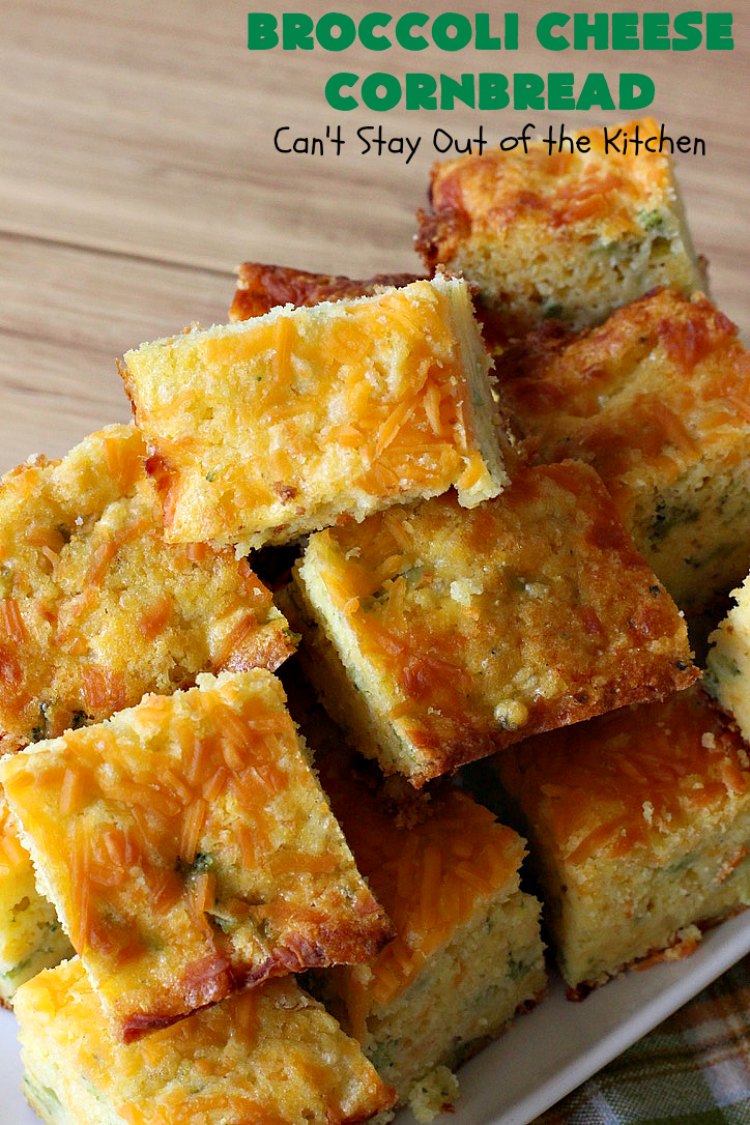 Broccoli Cheese Cornbread | Can't Stay Out of the Kitchen | this delicious #cornbread #recipe uses two kinds of #cheese. It's a wonderful #SideDish for any main dish meal or for #holidays like #Easter or #MothersDay. #Broccoli #CheddarCheese #BroccoliCornbread #BroccoliCheeseCornbread