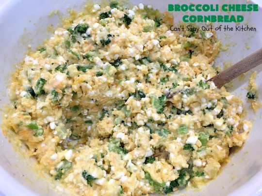 Broccoli Cheese Cornbread | Can't Stay Out of the Kitchen | this delicious #cornbread #recipe uses two kinds of #cheese. It's a wonderful #SideDish for any main dish meal or for #holidays like #Easter or #MothersDay. #Broccoli #CheddarCheese #BroccoliCornbread #BroccoliCheeseCornbread