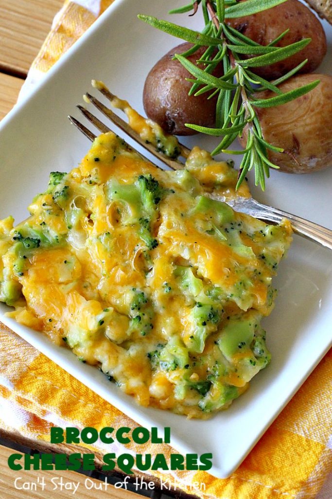 Broccoli Cheese Squares | Can't Stay Out of the Kitchen | this fantastic #GooseberryPatch #recipe is perfect for the #Thanksgiving or #Christmas #holidays. It can be whipped up & oven ready in about 5-10 minutes. It's loaded with #CheddarCheese. It received rave reviews when we served it to company. #Broccoli #SideDish #BroccoliCheeseSquares