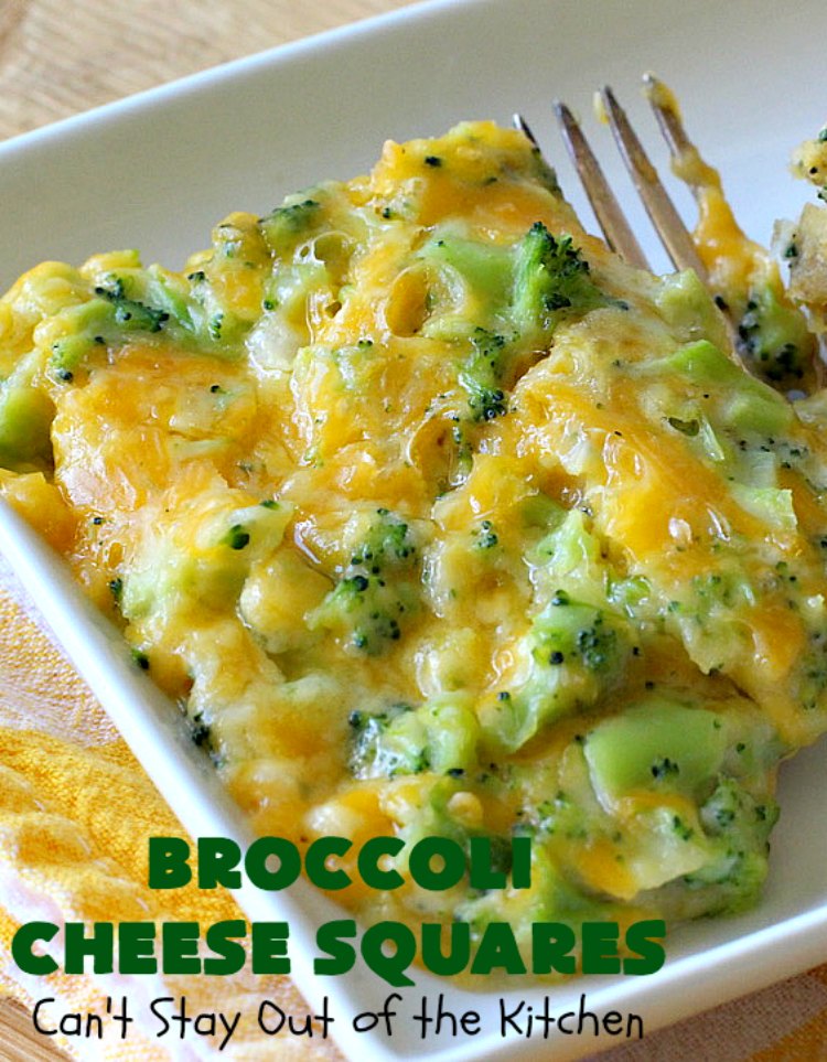 Broccoli Cheese Squares | Can't Stay Out of the Kitchen | this fantastic #GooseberryPatch #recipe is perfect for the #Thanksgiving or #Christmas #holidays. It can be whipped up & oven ready in about 5-10 minutes. It's loaded with #CheddarCheese. It received rave reviews when we served it to company. #Broccoli #SideDish #BroccoliCheeseSquares