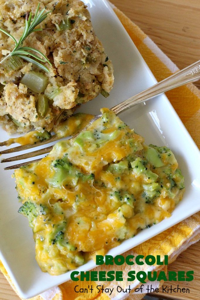 Broccoli Cheese Squares | Can't Stay Out of the Kitchen | this fantastic #GooseberryPatch #recipe is perfect for the #Thanksgiving or #Christmas #holidays. It can be whipped up & oven ready in about 5-10 minutes. It's loaded with #CheddarCheese. It received rave reviews when we served it to company. #Broccoli #SideDish #BroccoliCheeseSquares