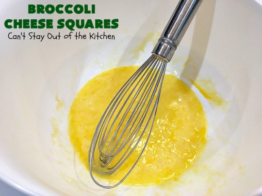Broccoli Cheese Squares | Can't Stay Out of the Kitchen | this fantastic #GooseberryPatch #recipe is perfect for the #Thanksgiving or #Christmas #holidays. It can be whipped up & oven ready in about 5-10 minutes. It's loaded with #CheddarCheese. It received rave reviews when we served it to company. #Broccoli #SideDish #BroccoliCheeseSquares