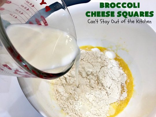 Broccoli Cheese Squares | Can't Stay Out of the Kitchen | this fantastic #GooseberryPatch #recipe is perfect for the #Thanksgiving or #Christmas #holidays. It can be whipped up & oven ready in about 5-10 minutes. It's loaded with #CheddarCheese. It received rave reviews when we served it to company. #Broccoli #SideDish #BroccoliCheeseSquares