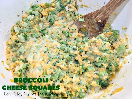 Broccoli Cheese Squares | Can't Stay Out of the Kitchen | this fantastic #GooseberryPatch #recipe is perfect for the #Thanksgiving or #Christmas #holidays. It can be whipped up & oven ready in about 5-10 minutes. It's loaded with #CheddarCheese. It received rave reviews when we served it to company. #Broccoli #SideDish #BroccoliCheeseSquares
