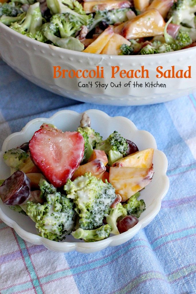 Broccoli Peach Salad | Can't Stay Out of the Kitchen | my FAVORITE #broccolisalad recipe. This one is fantastic and so quick and easy. #glutenfree #peaches #broccoli #bacon