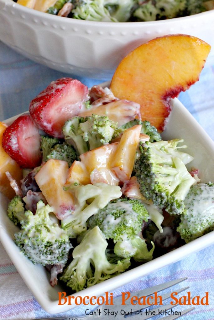 Broccoli Peach Salad | Can't Stay Out of the Kitchen | my FAVORITE #broccolisalad recipe. This one is fantastic and so quick and easy. #glutenfree #peaches #broccoli #bacon