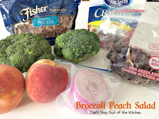 Broccoli Peach Salad | Can't Stay Out of the Kitchen | my FAVORITE #broccolisalad recipe. This one is fantastic and so quick and easy. #glutenfree #peaches #broccoli #bacon