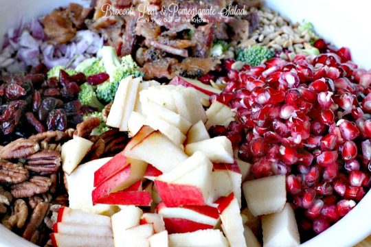 Broccoli, Pear & Pomegranate Salad | Can't Stay Out of the Kitchen | fabulous #salad that's great for the #holidays and a lot healthier than most #Thanksgiving fare. #glutenfree. #broccoli #pears #pomegranate #bacon