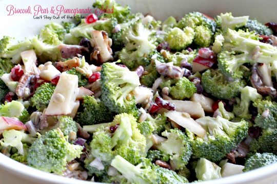 Broccoli, Pear & Pomegranate Salad | Can't Stay Out of the Kitchen | fabulous #salad that's great for the #holidays and a lot healthier than most #Thanksgiving fare. #glutenfree. #broccoli #pears #pomegranate #bacon
