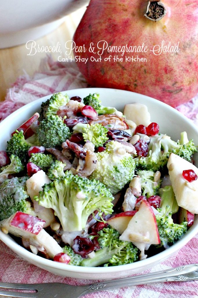 Broccoli, Pear & Pomegranate Salad | Can't Stay Out of the Kitchen | fabulous #salad that's great for the #holidays and a lot healthier than most #Thanksgiving fare. #glutenfree. #broccoli #pears #pomegranate #bacon