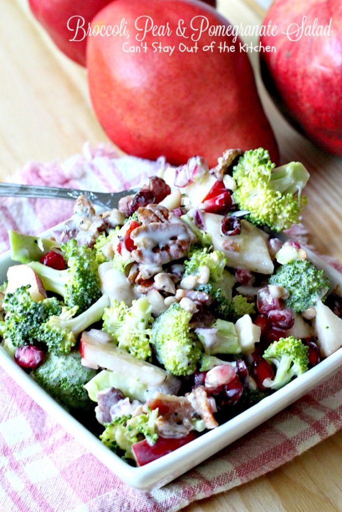 Broccoli, Pear & Pomegranate Salad | Can't Stay Out of the Kitchen | fabulous #salad that's great for the #holidays and a lot healthier than most #Thanksgiving fare. #glutenfree. #broccoli #pears #pomegranate #bacon