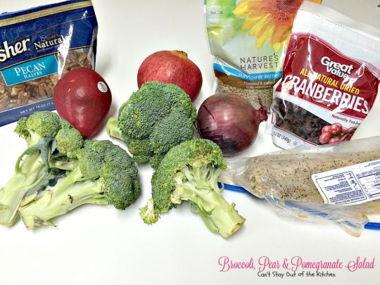 Broccoli, Pear & Pomegranate Salad | Can't Stay Out of the Kitchen | fabulous #salad that's great for the #holidays and a lot healthier than most #Thanksgiving fare. #glutenfree. #broccoli #pears #pomegranate #bacon