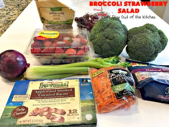 Broccoli Strawberry Salad | Can't Stay Out of the Kitchen | this delicious #broccoli #salad is perfect for #Thanksgiving or #Christmas menus. It's also healthy, #glutenfree & uses uncured, nitrate-free #bacon to give it some punch! #strawberries #grapes