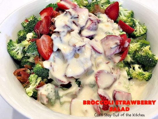 Broccoli Strawberry Salad | Can't Stay Out of the Kitchen | this delicious #broccoli #salad is perfect for #Thanksgiving or #Christmas menus. It's also healthy, #glutenfree & uses uncured, nitrate-free #bacon to give it some punch! #strawberries #grapes
