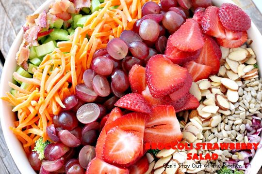Broccoli Strawberry Salad | Can't Stay Out of the Kitchen | this delicious #broccoli #salad is perfect for #Thanksgiving or #Christmas menus. It's also healthy, #glutenfree & uses uncured, nitrate-free #bacon to give it some punch! #strawberries #grapes